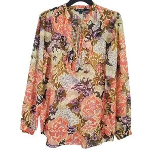 Lauren Ralph Lauren Floral Blouse Pintuck Ruffle Tie Neck Sheer Size M